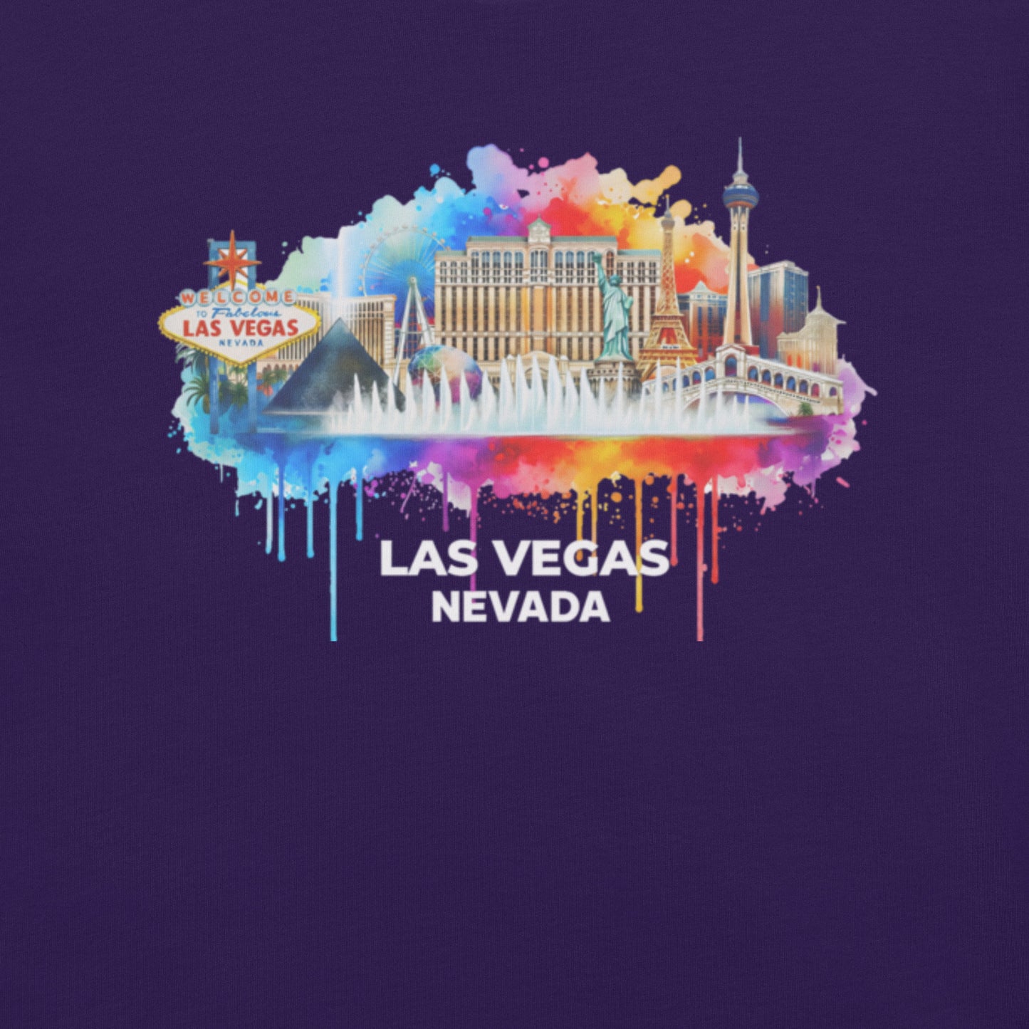 Las Vegas Nevada Shirt, Watercolor City Skyline Tee, Vibrant Vegas Landmarks Souvenir, Bellagio Eiffel Tower Art, Unisex Graphic Travel T-Shirt