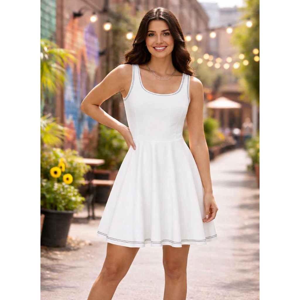 Woman in a white dress standing on a street with plants and buildings in the background