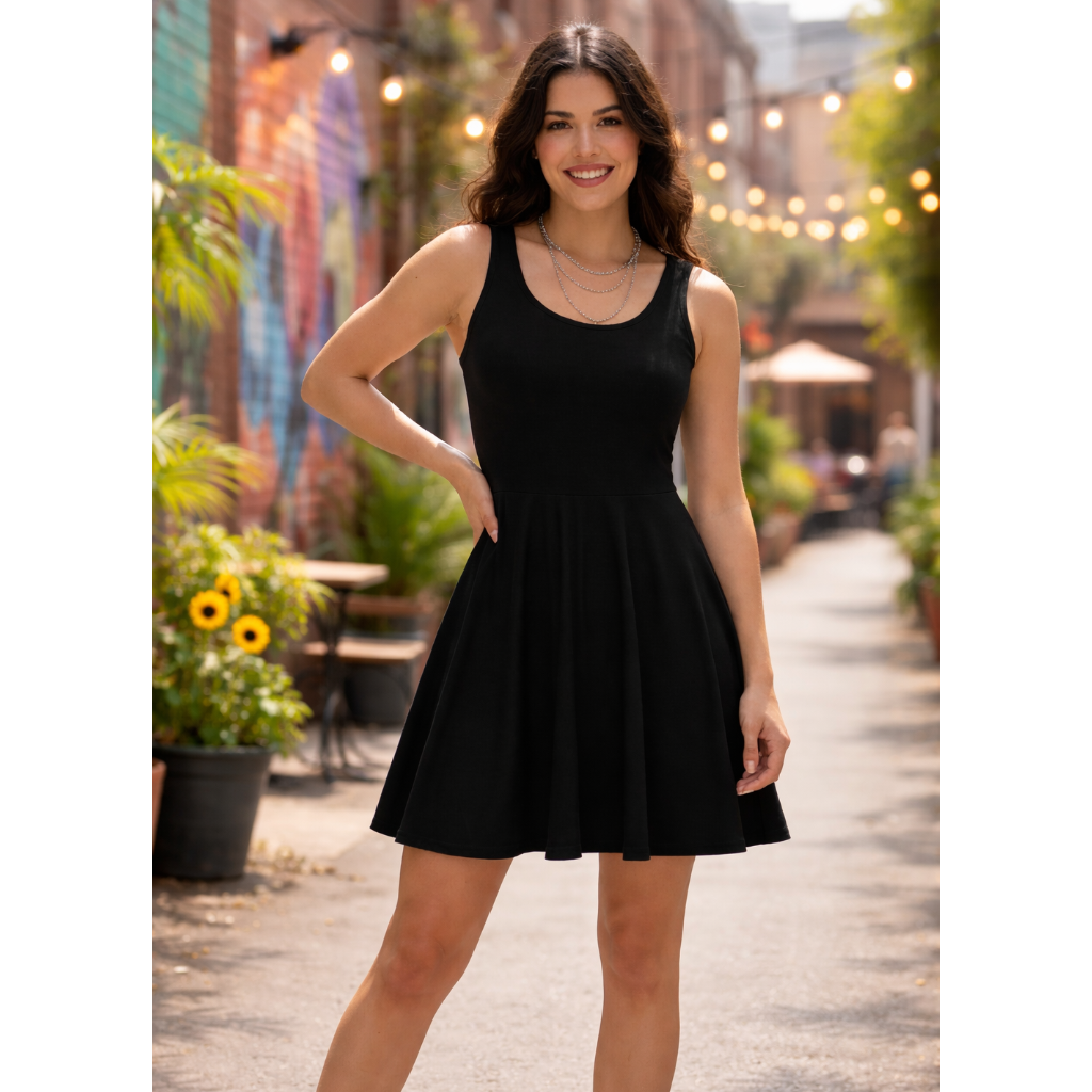 Woman wearing a black dress standing in an outdoor setting with plants and a colorful wa