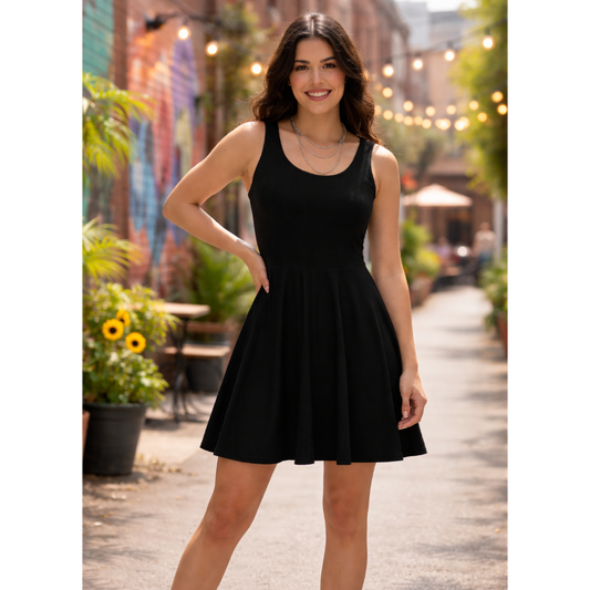 Woman wearing a black dress standing in an outdoor setting with plants and a colorful wa