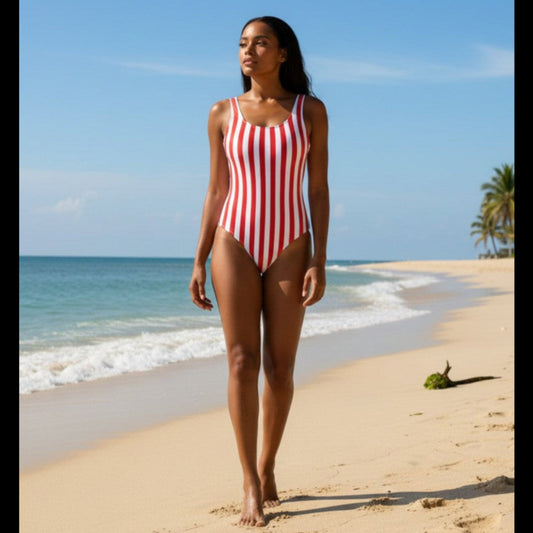 Woman in a red and white striped swimsuit standing on a beach with clear blue sky and ocean.