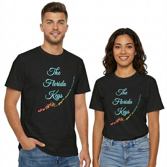 Two people wearing black t-shirts with 'The Florida Keys' design on a white background