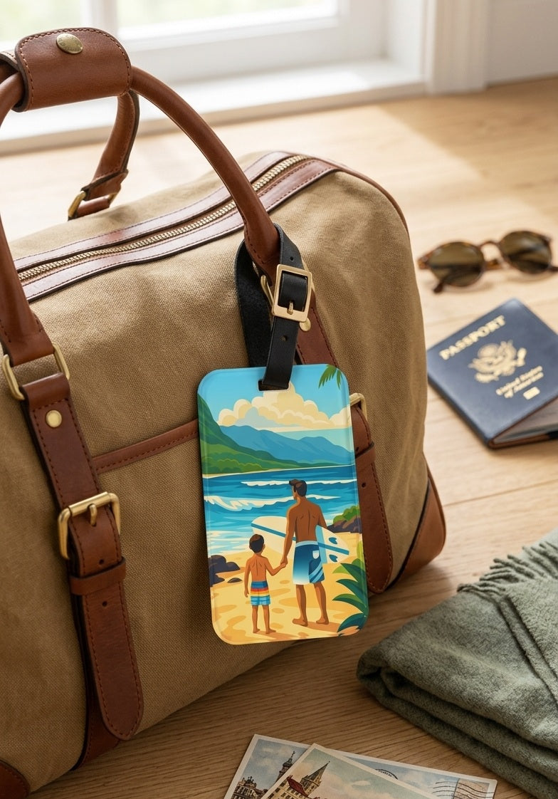 Luggage with a colorful beach-themed tag, passport, and sunglasses on a wooden floor.