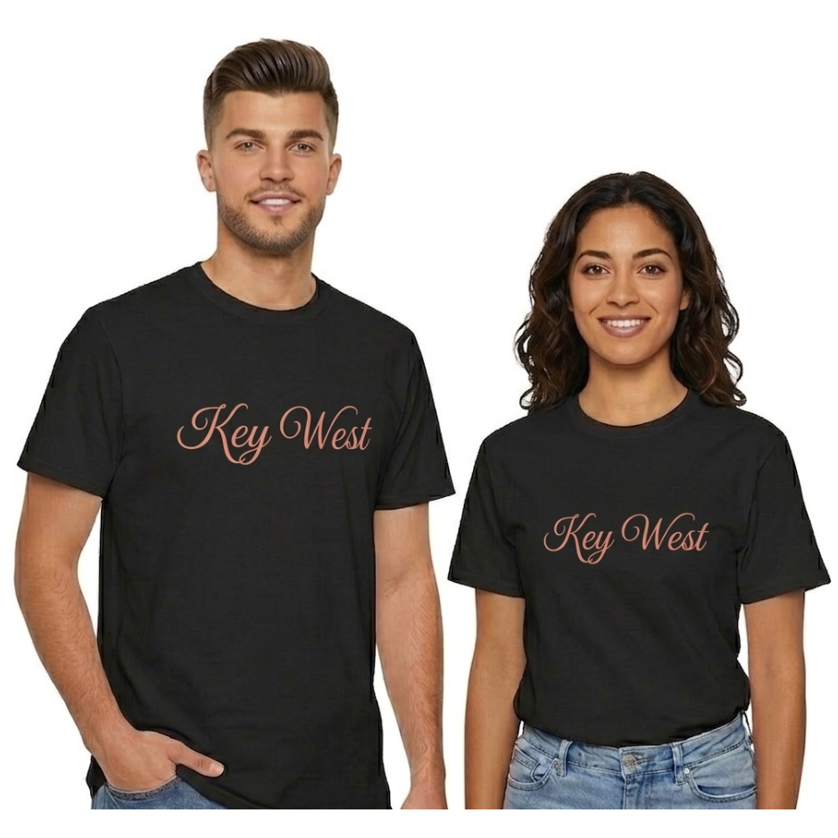 Two people wearing black t-shirts with 'Key West' text 