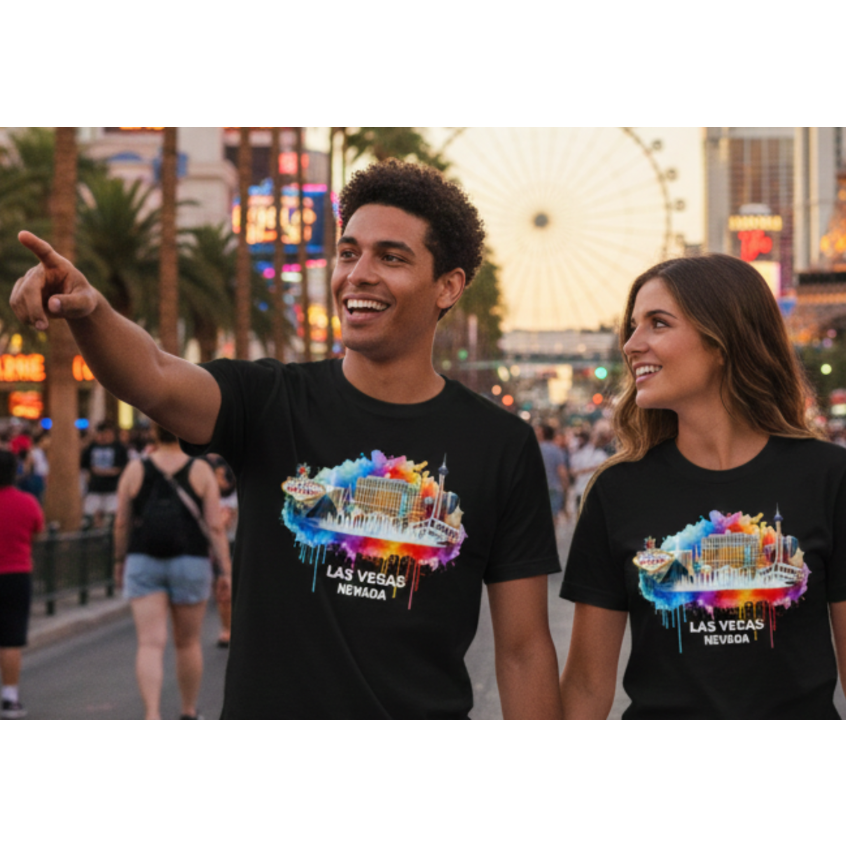 Las Vegas Nevada Shirt, Watercolor City Skyline Tee, Vibrant Vegas Landmarks Souvenir, Bellagio Eiffel Tower Art, Unisex Graphic Travel T-Shirt
