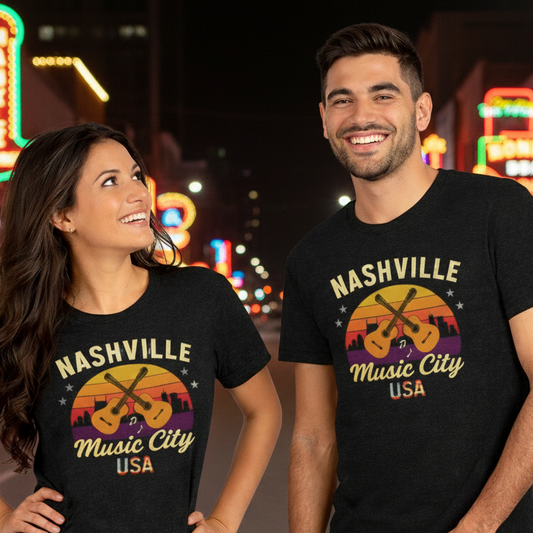 Nashville Music City USA T-Shirt | Retro Sunset Guitar Skyline Graphic Unisex Shirt