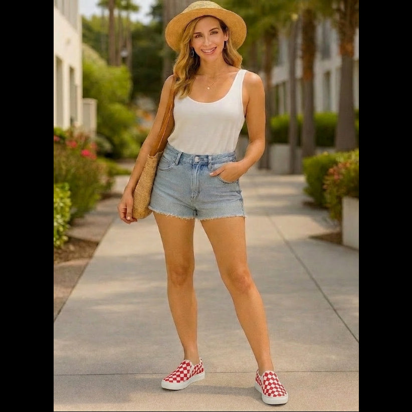 Woman in white tank top, denim shorts, and red checkered shoes standing on a sidewalk.