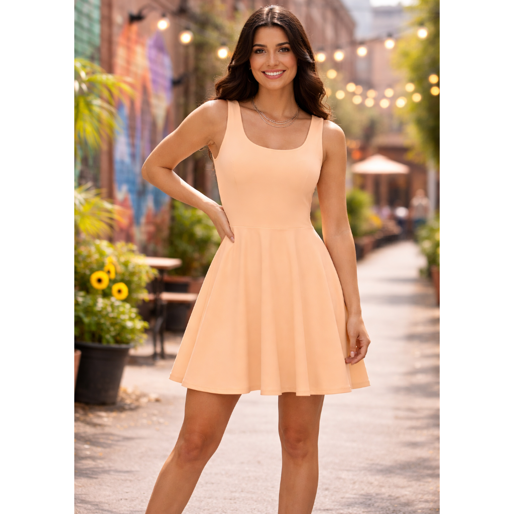 Woman in a peach dress standing outdoors with plants and buildings in the background