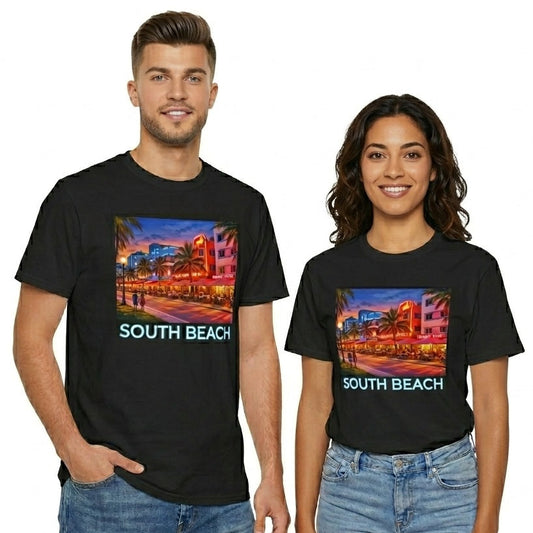 Two people wearing black t-shirts with a 'South Beach' design on a white background