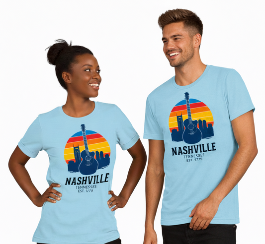 Nashville Skyline Guitar T-Shirt – Retro Tee for Men & Women