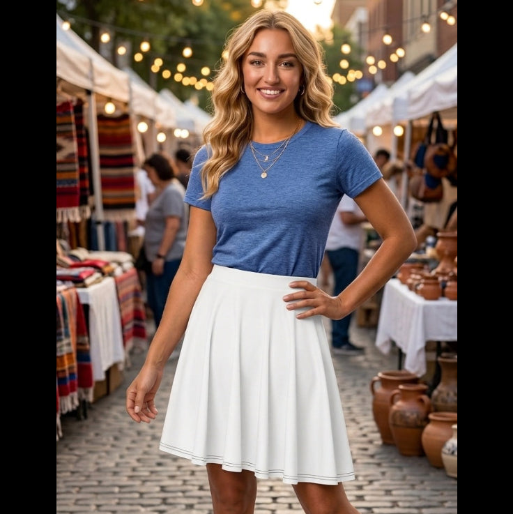 Woman in a blue shirt and white skirt standing in an outdoor market setting.