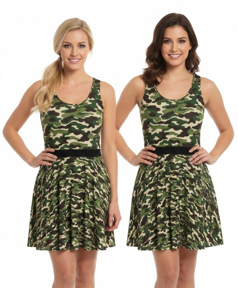Camo Sun Dress with Waist Detail | Outdoor Adventure Skater Dress | Military Style Casual Dress | Green Camo Party Dress