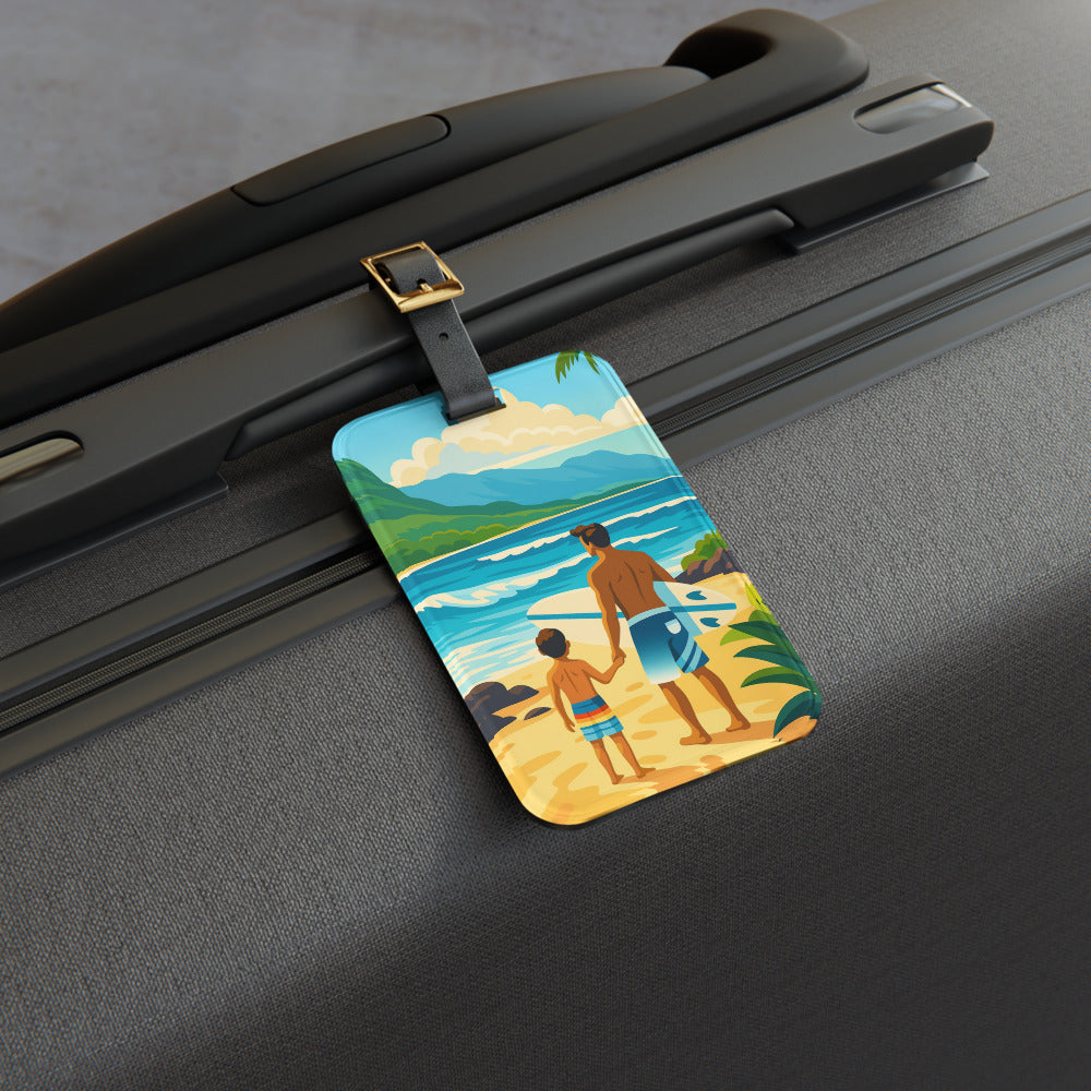 Luggage tag with beach design featuring two people on a suitcase.