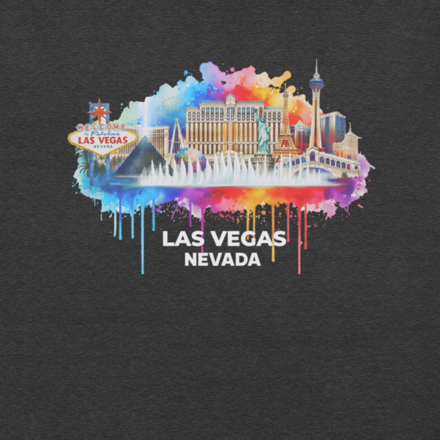Las Vegas Nevada Shirt, Watercolor City Skyline Tee, Vibrant Vegas Landmarks Souvenir, Bellagio Eiffel Tower Art, Unisex Graphic Travel T-Shirt