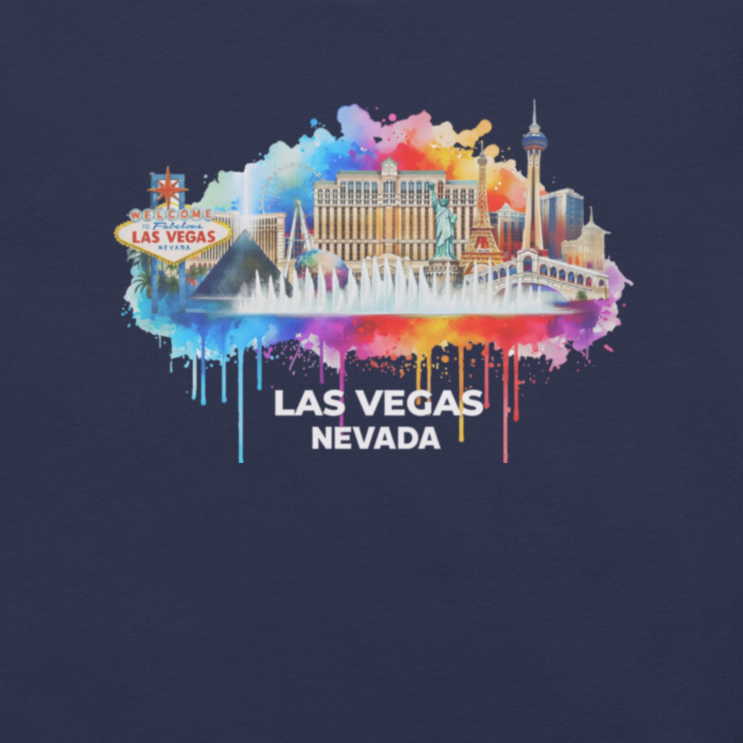 Las Vegas Nevada Shirt, Watercolor City Skyline Tee, Vibrant Vegas Landmarks Souvenir, Bellagio Eiffel Tower Art, Unisex Graphic Travel T-Shirt