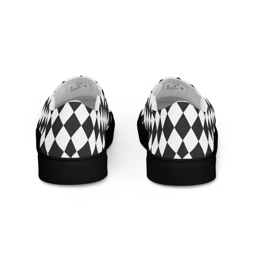 Black and White Harlequin-Style Canvas Slip-Ons - Casual Comfort Everyday Walking Shoes