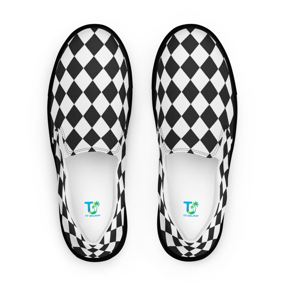 Black and White Harlequin-Style Canvas Slip-Ons - Casual Comfort Everyday Walking Shoes