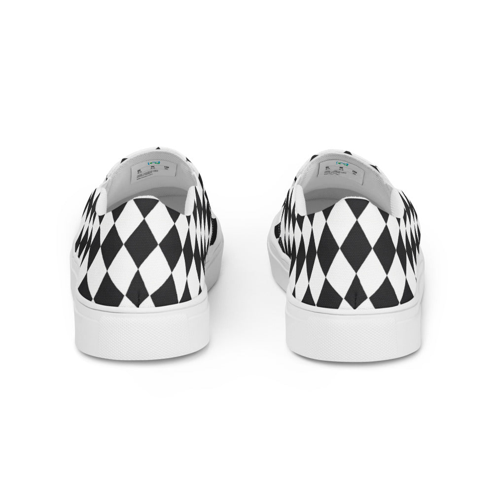 Black and White Harlequin-Style Canvas Slip-Ons - Casual Comfort Everyday Walking Shoes