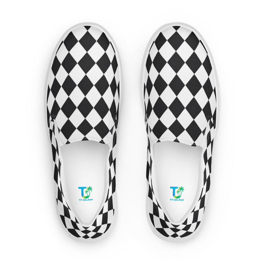 Black and white checkered slip-on shoes with a brand logo on a white background